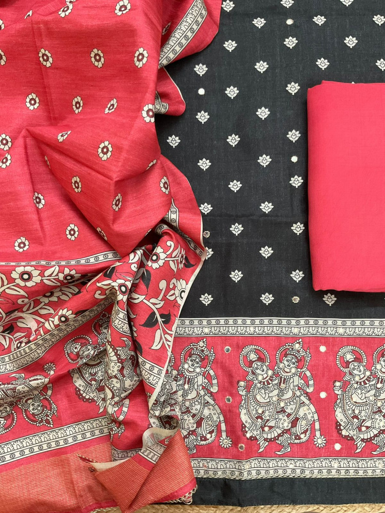 Image of Soft Semi Tussar Printed Embroidered Suit - Black