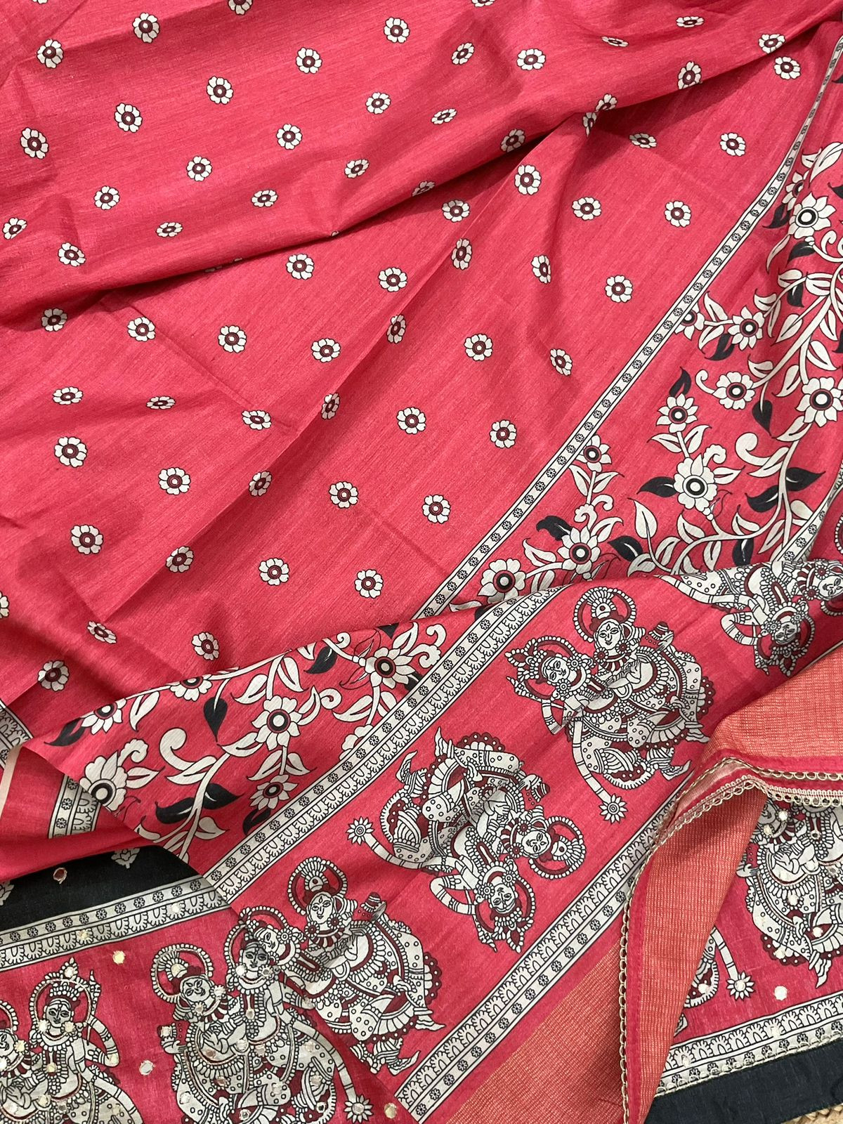 Soft Semi Tussar Printed Embroidered Suit - Black