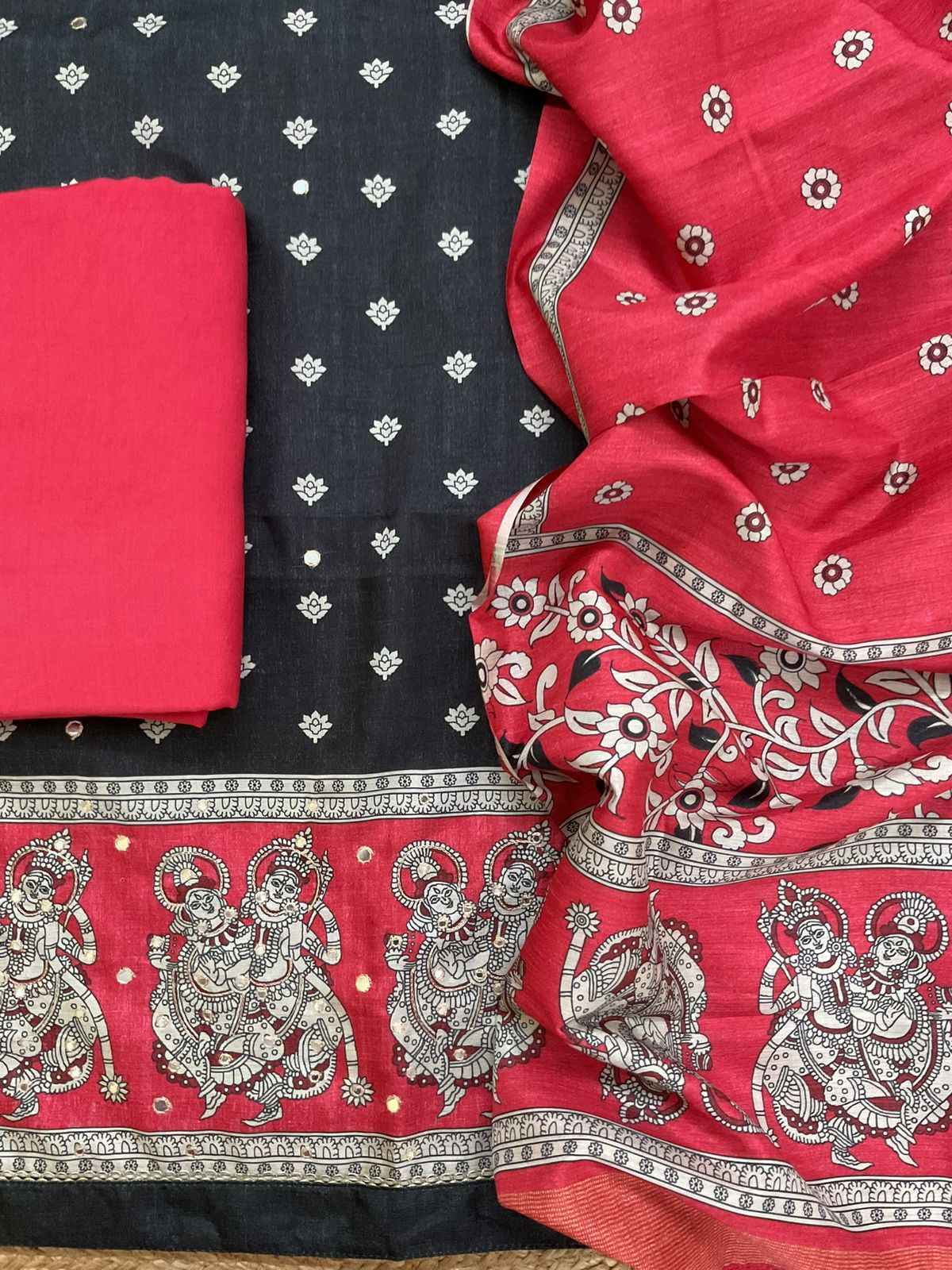 Soft Semi Tussar Printed Embroidered Suit - Black