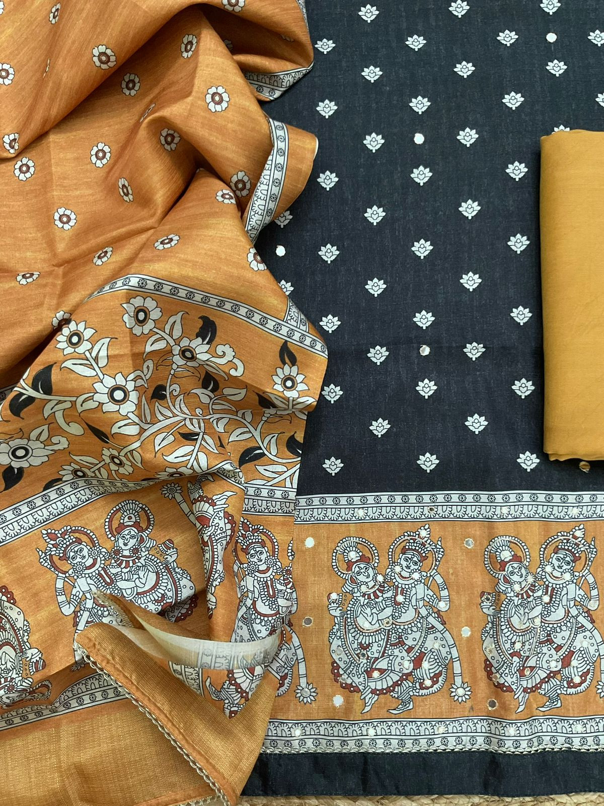 Soft Semi Tussar Printed Embroidered Suit - Black