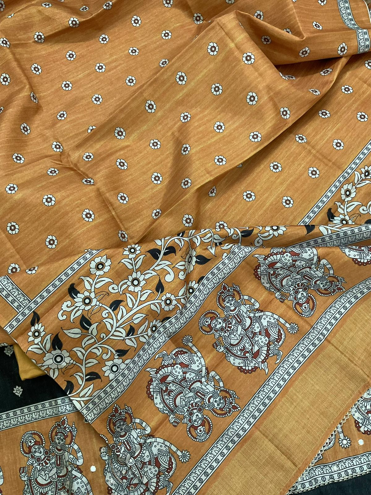 Soft Semi Tussar Printed Embroidered Suit - Black