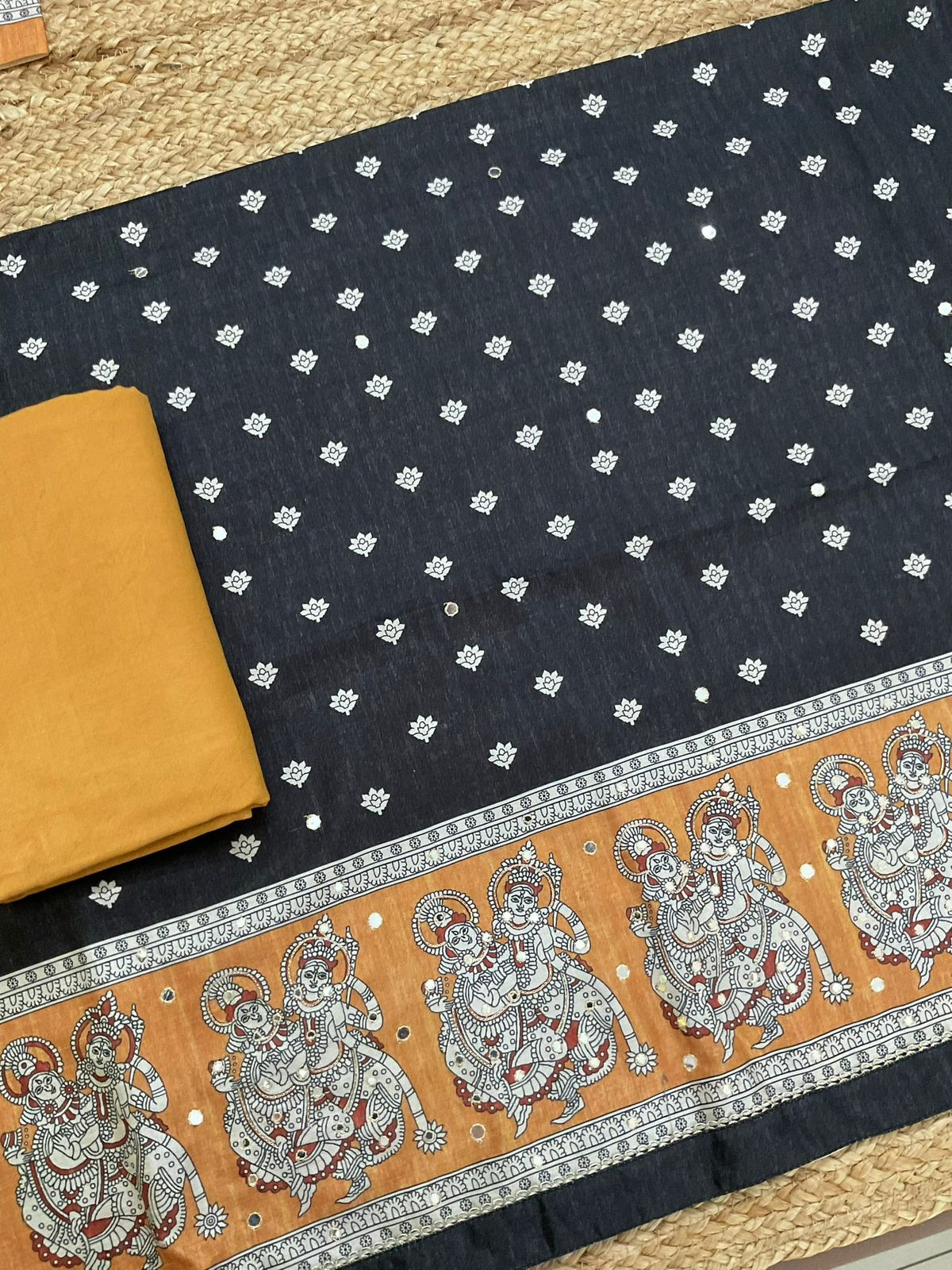 Soft Semi Tussar Printed Embroidered Suit - Black