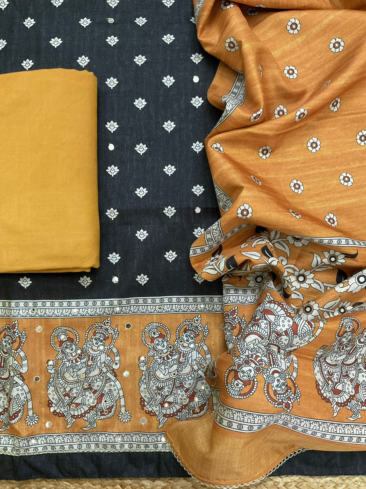 Soft Semi Tussar Printed Embroidered Suit - Black