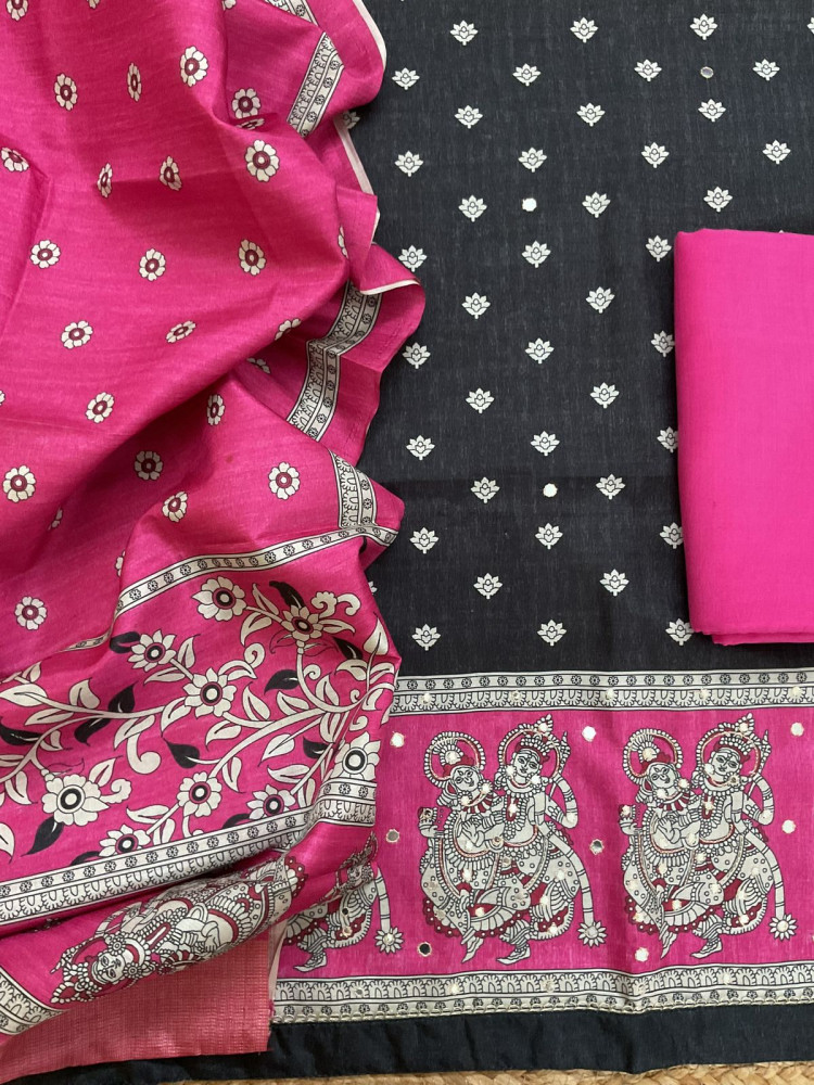 Image of Soft Semi Tussar Printed Embroidered Suit - Black