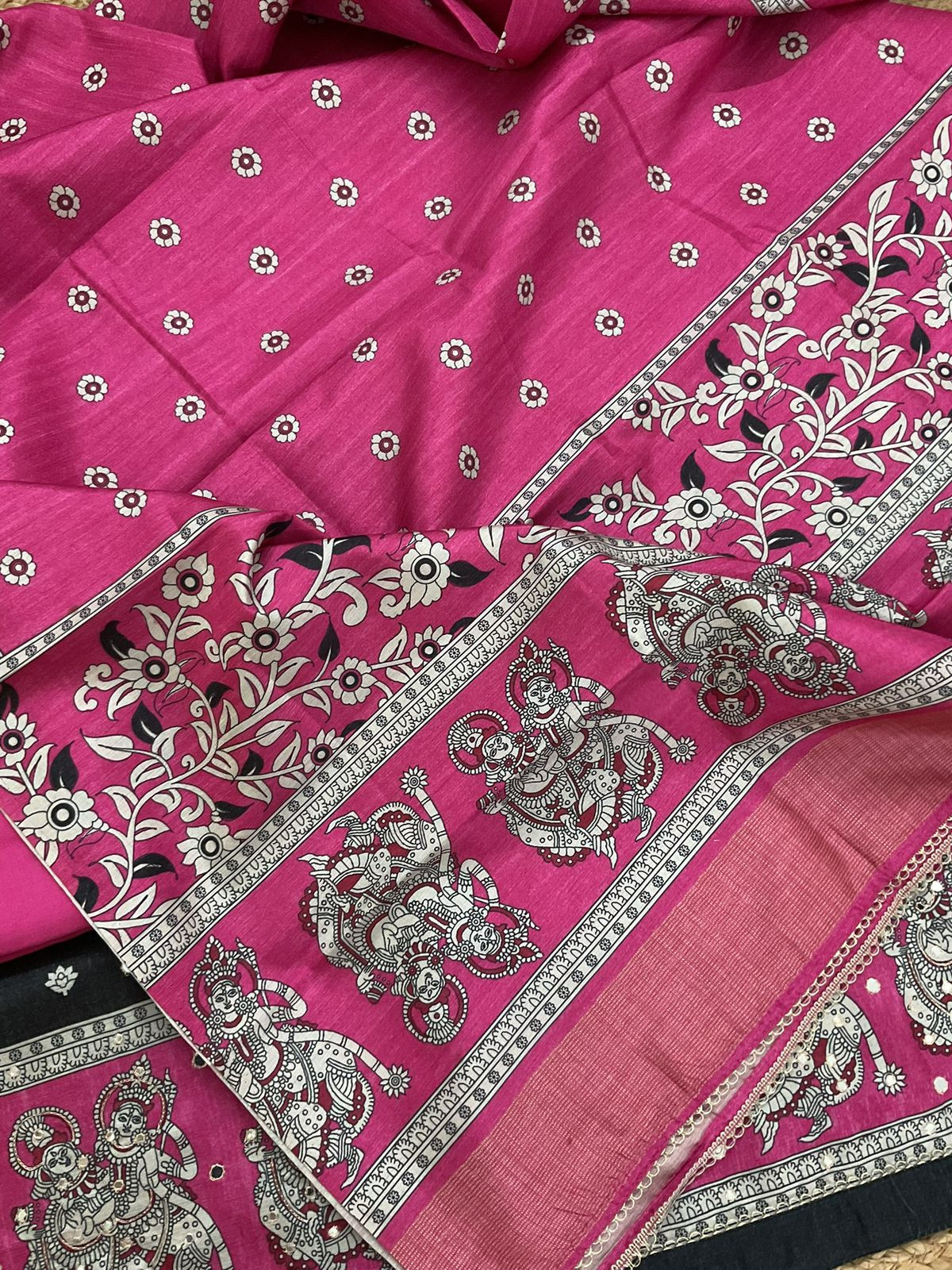 Soft Semi Tussar Printed Embroidered Suit - Black