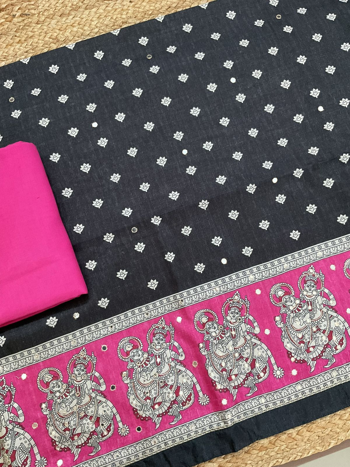 Soft Semi Tussar Printed Embroidered Suit - Black