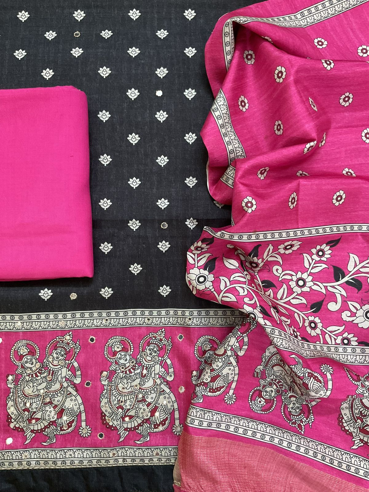 Soft Semi Tussar Printed Embroidered Suit - Black