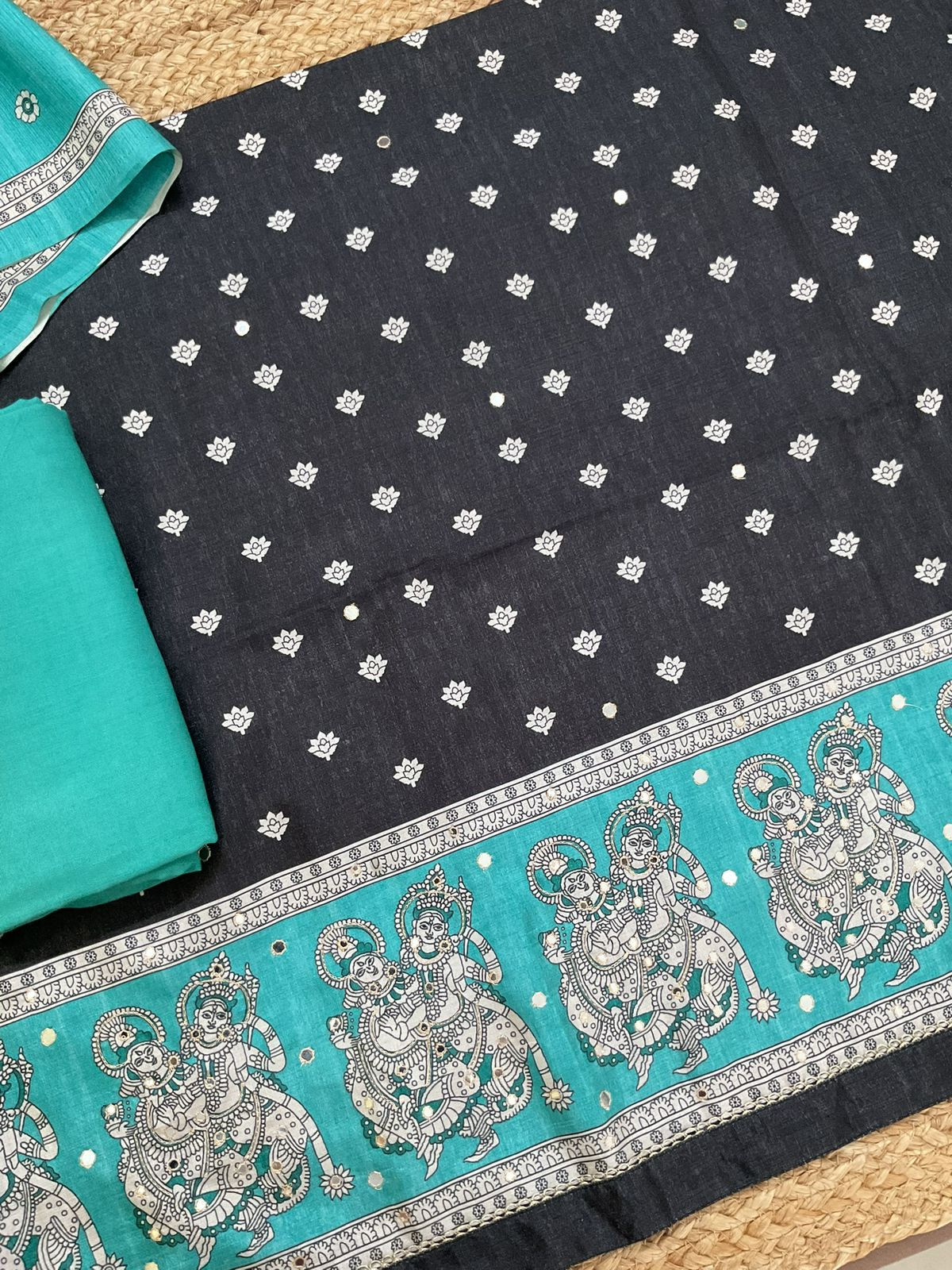 Soft Semi Tussar Printed Embroidered Suit - Black