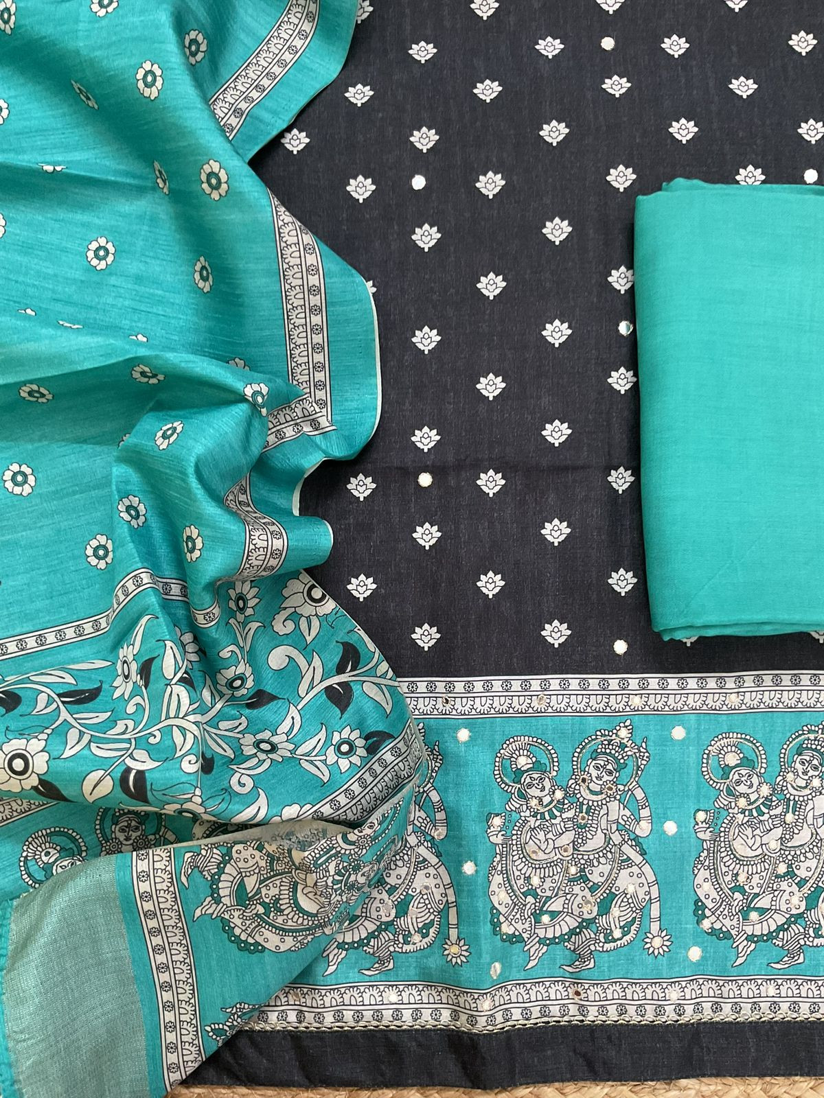 Soft Semi Tussar Printed Embroidered Suit - Black