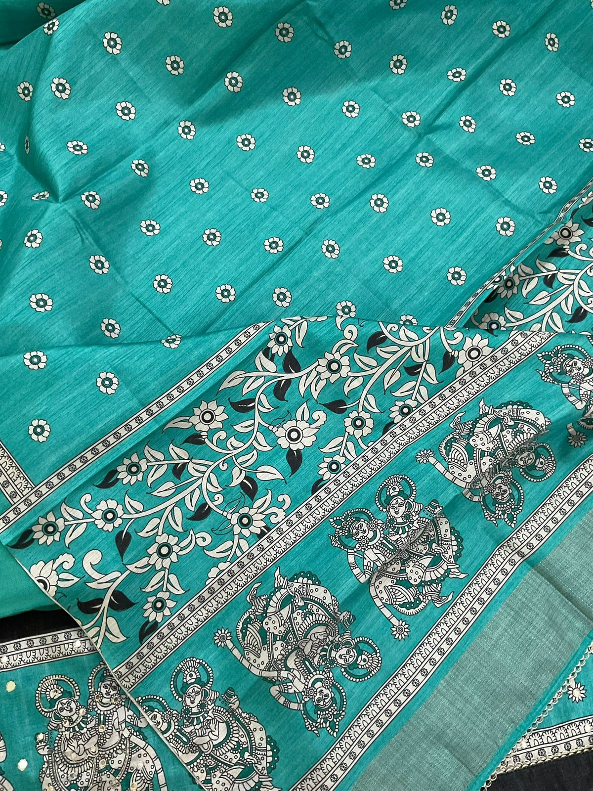 Soft Semi Tussar Printed Embroidered Suit - Black