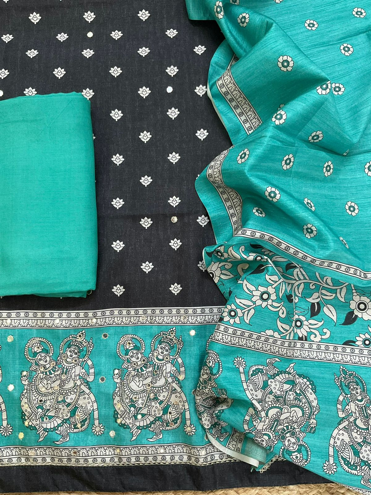 Soft Semi Tussar Printed Embroidered Suit - Black