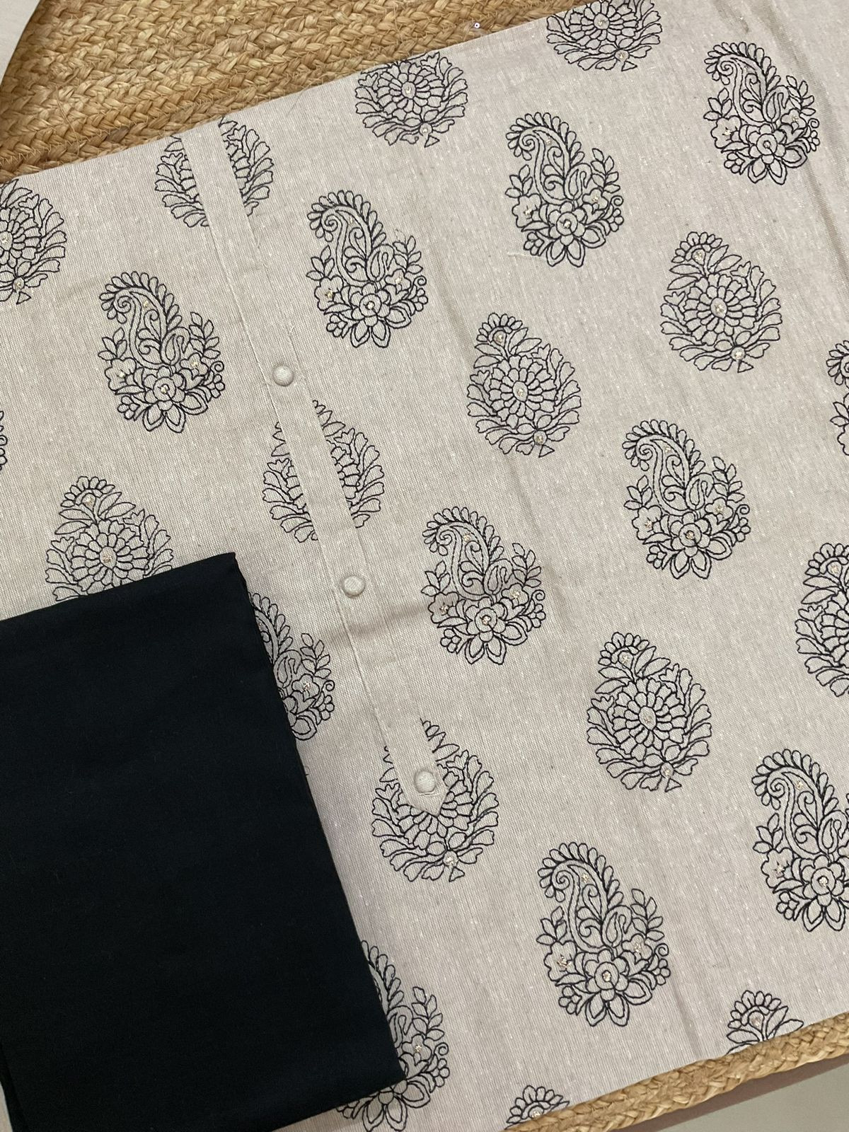 Soft Slub Cotton Printed Embroidered Suit - Beige