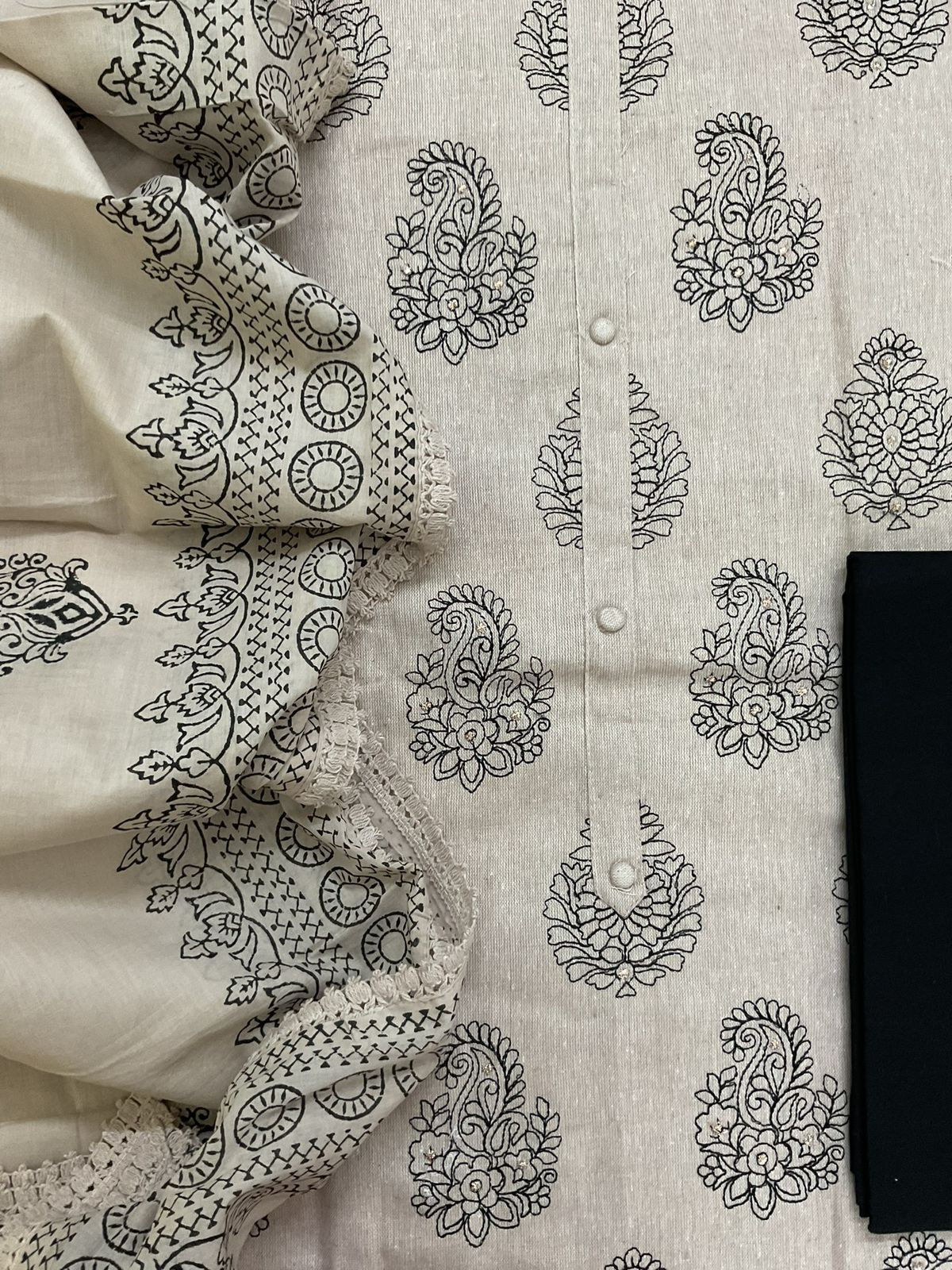Soft Slub Cotton Printed Embroidered Suit - Beige