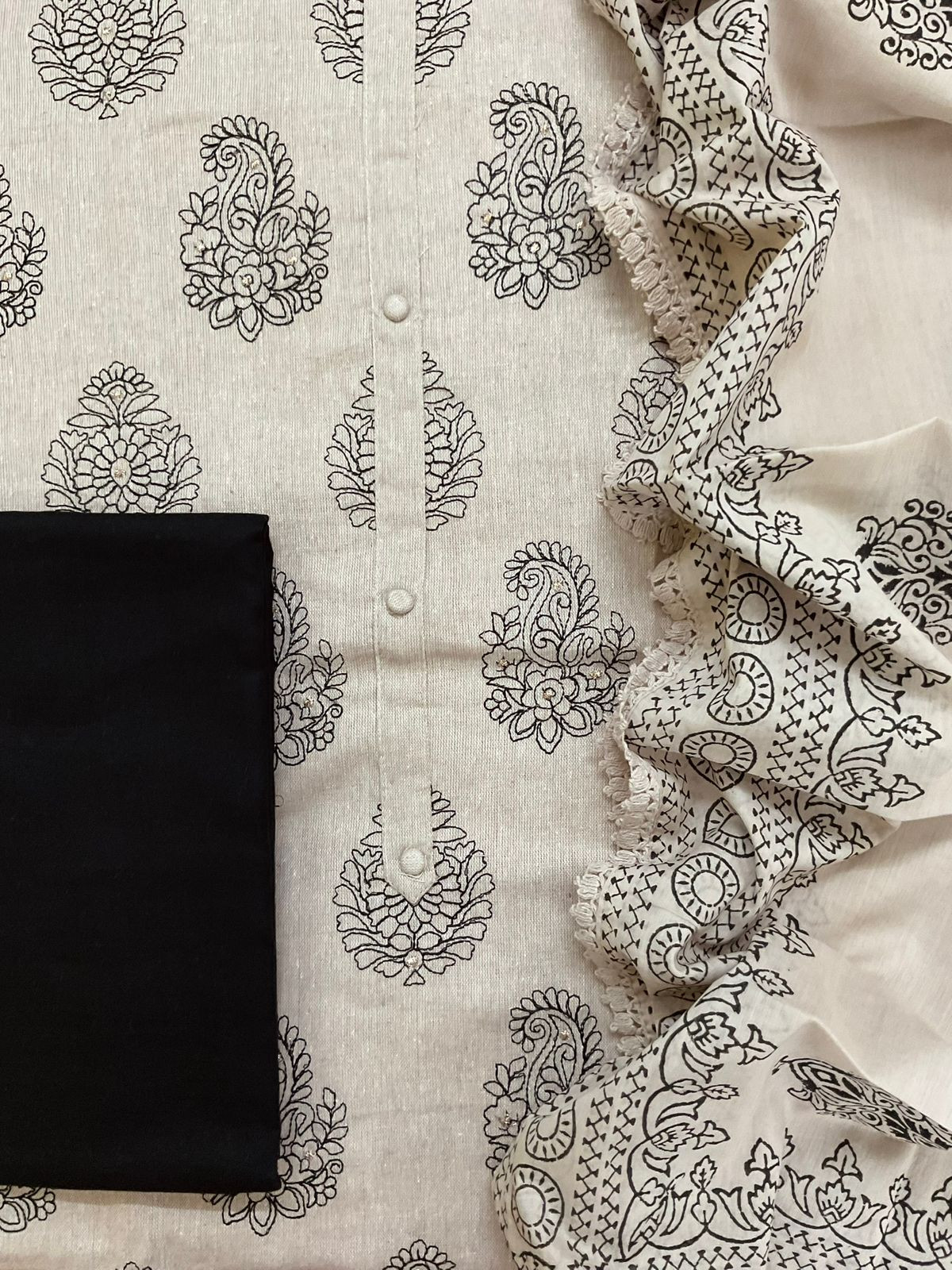 Soft Slub Cotton Printed Embroidered Suit - Beige