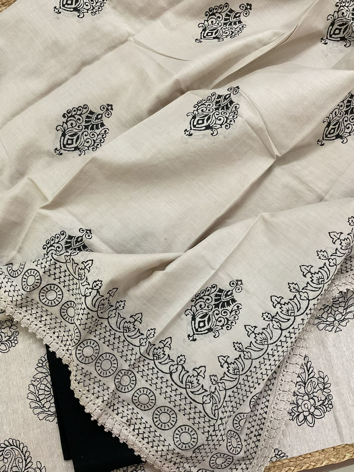 Soft Slub Cotton Printed Embroidered Suit - Beige