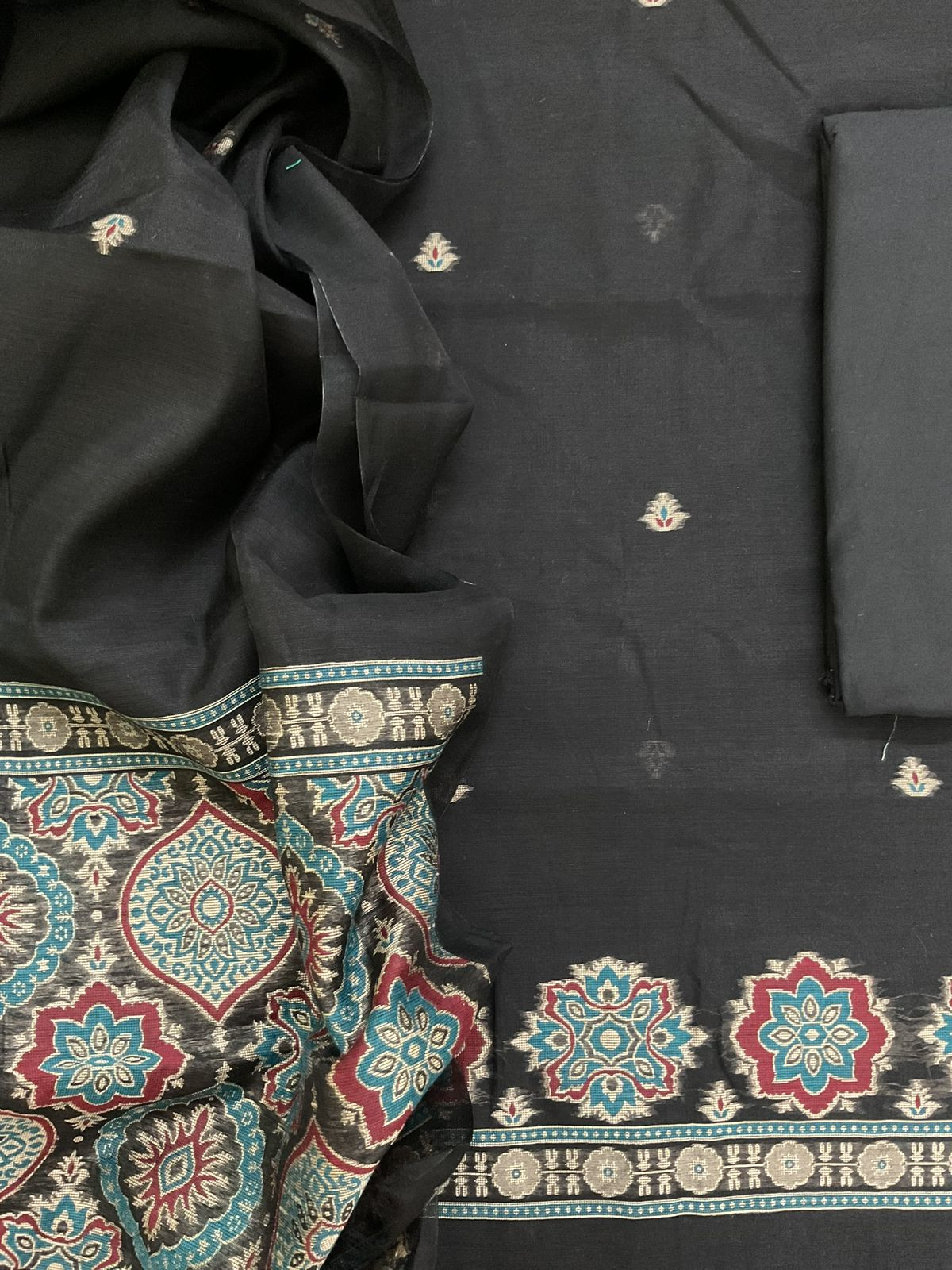 Soft Kora Chanderi Jamdani Weaved Suit - Black