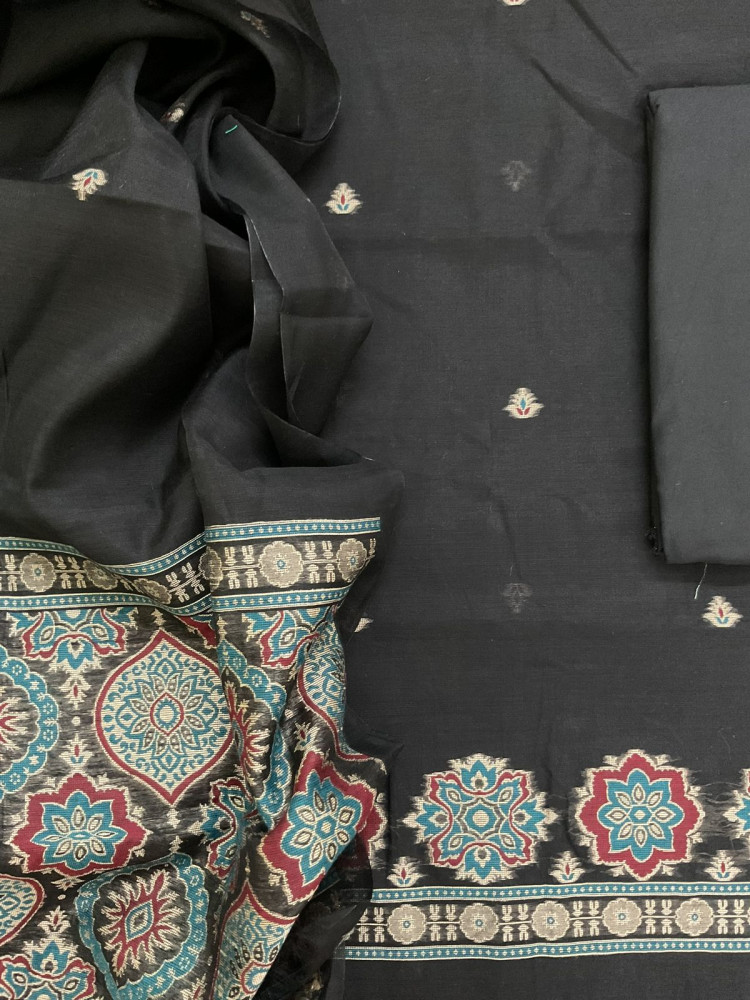 Image of Soft Kora Chanderi Jamdani Weaved Suit - Black