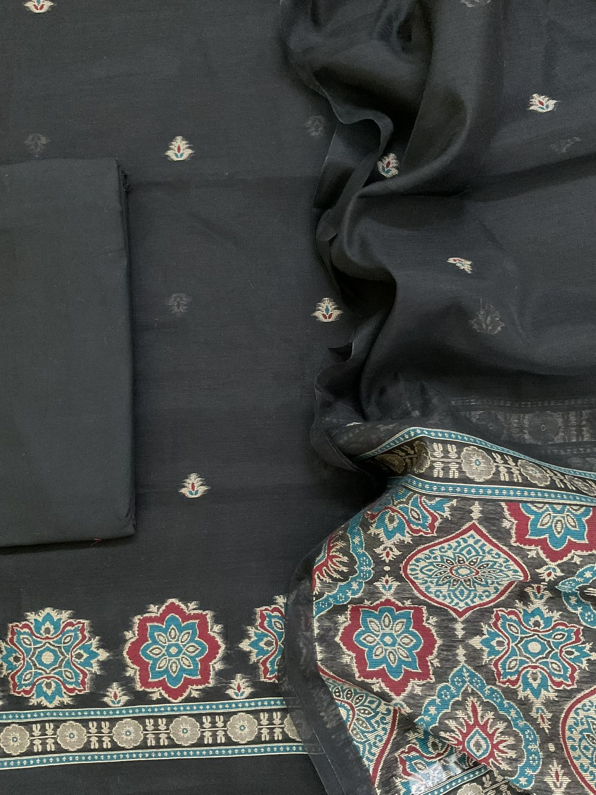 Soft Kora Chanderi Jamdani Weaved Suit - Black