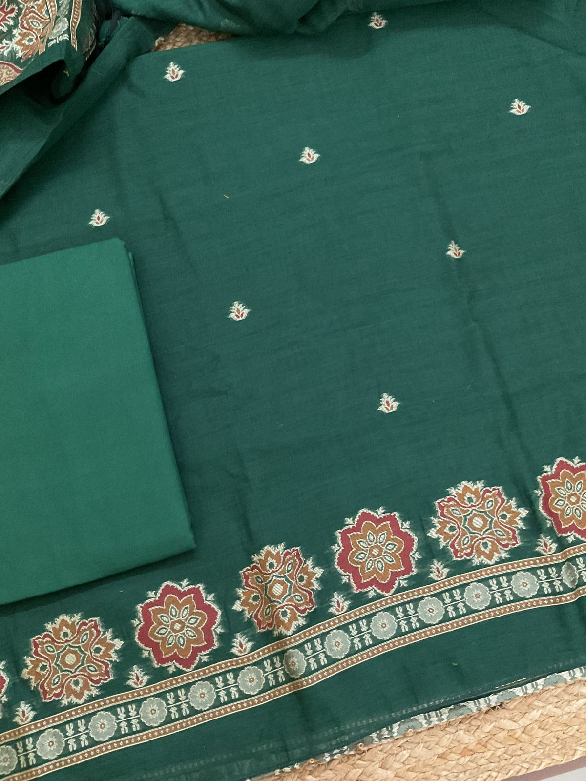 Soft Kora Chanderi Jamdani Weaved Suit - Green