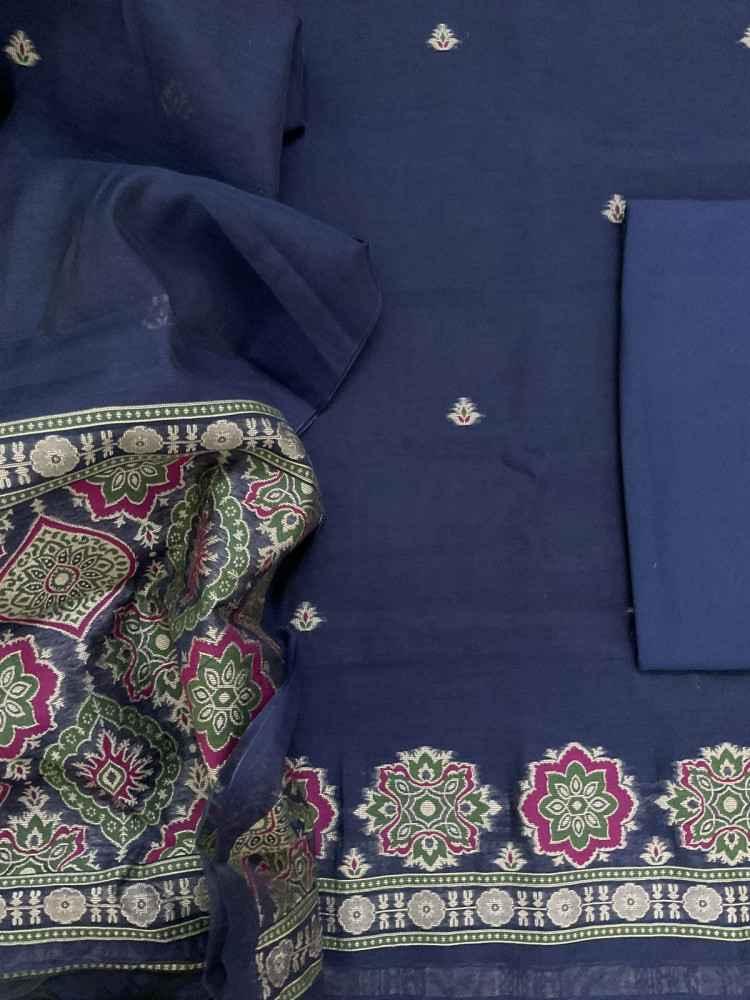 Image of Soft Kora Chanderi Jamdani Weaved Suit - Blue