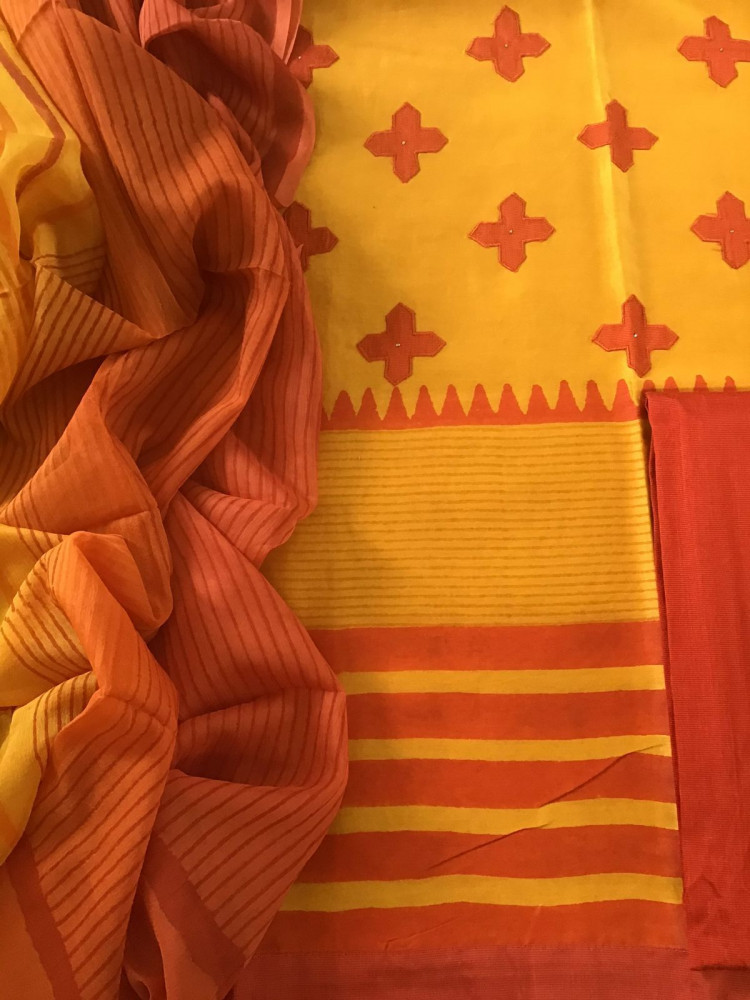 Image of Pure Chanderi Printed Embroidered Suit - Yellow