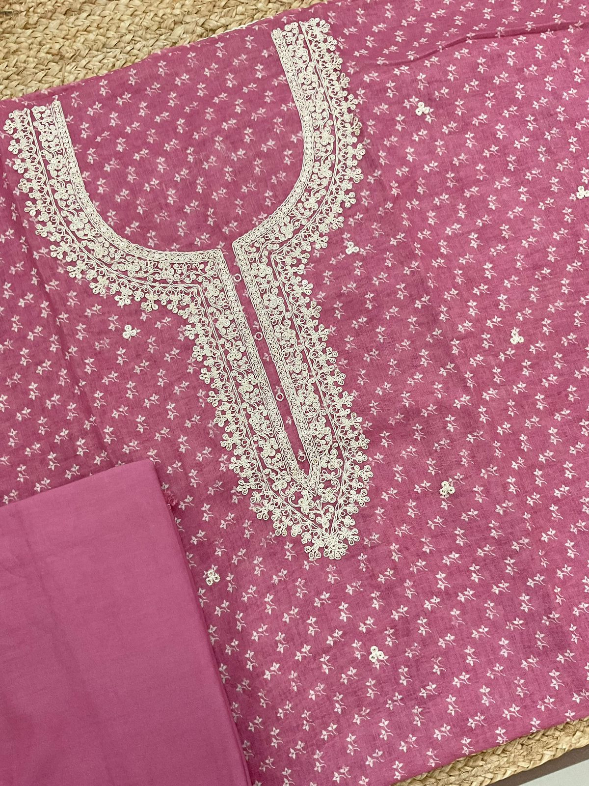 Soft Linen Jute Cotton Printed Embroidered Suit - Pink