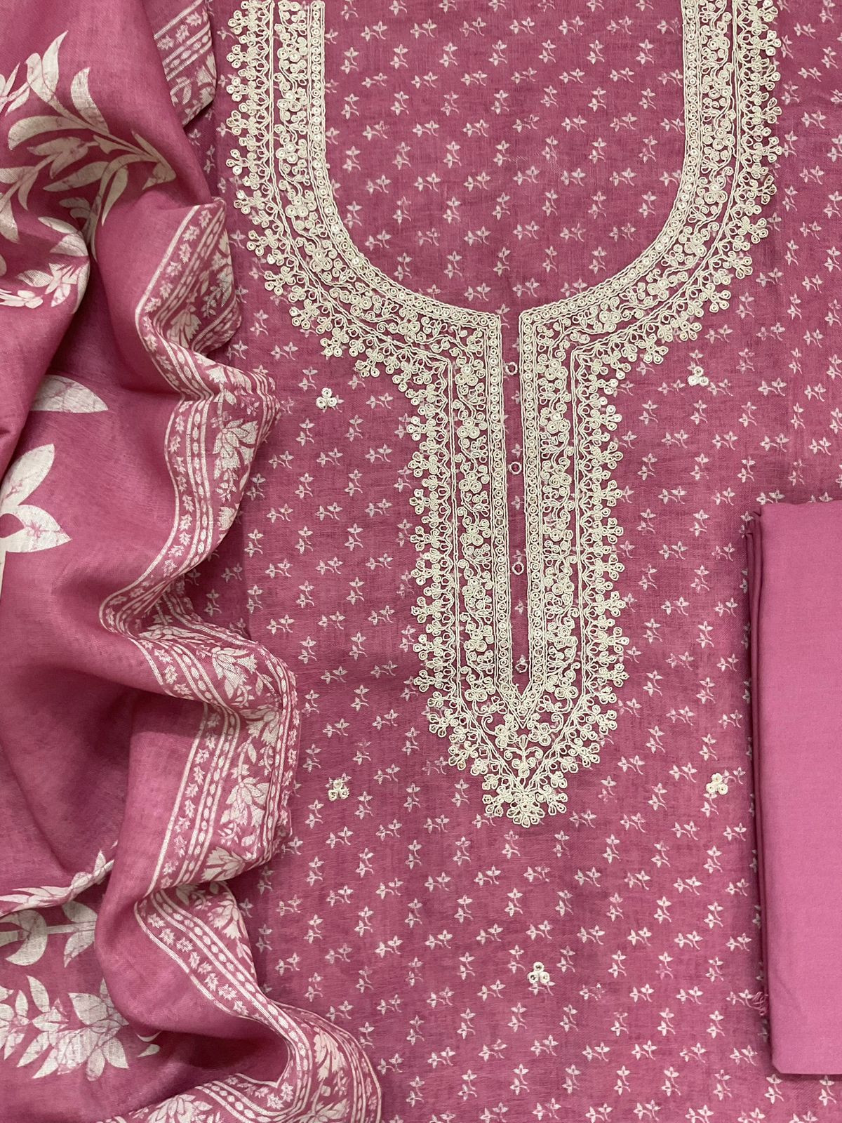 Soft Linen Jute Cotton Printed Embroidered Suit - Pink