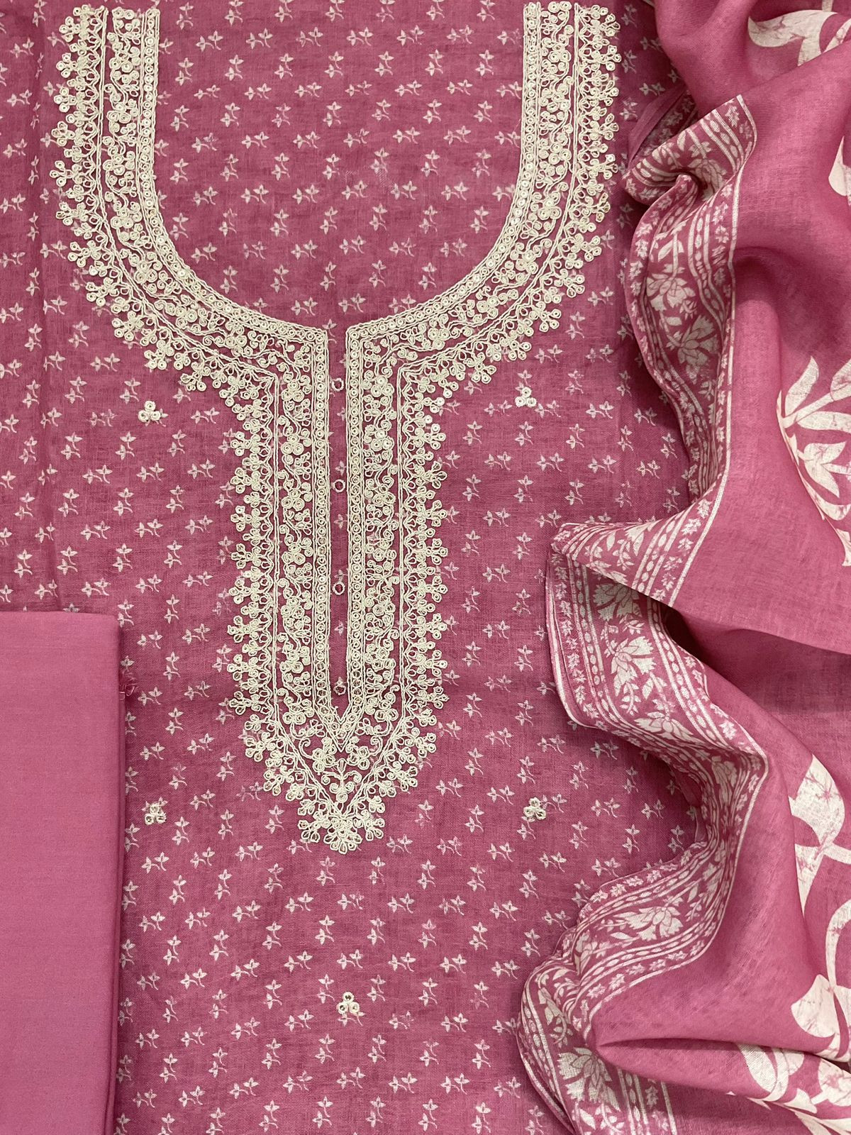 Soft Linen Jute Cotton Printed Embroidered Suit - Pink