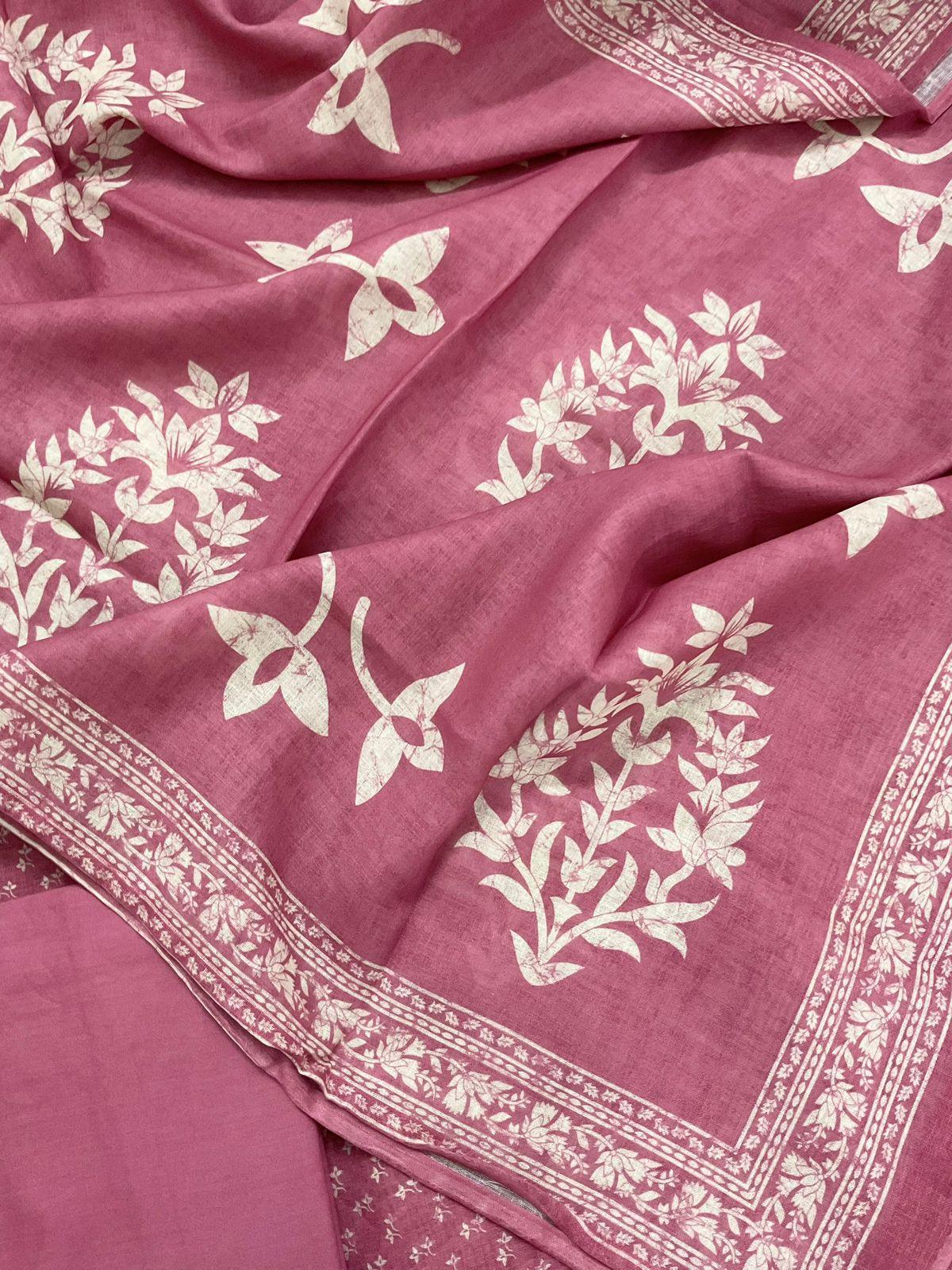 Soft Linen Jute Cotton Printed Embroidered Suit - Pink