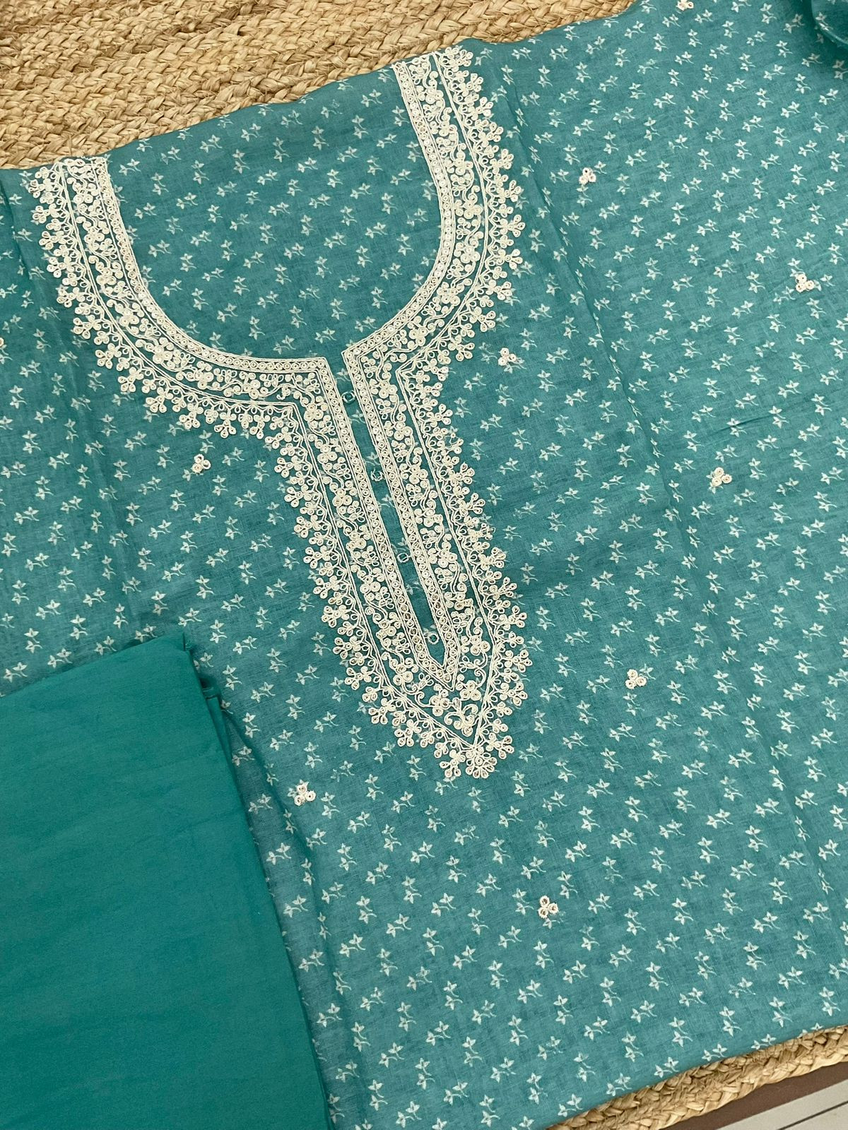 Soft Linen Jute Cotton Printed Embroidered Suit - Blue