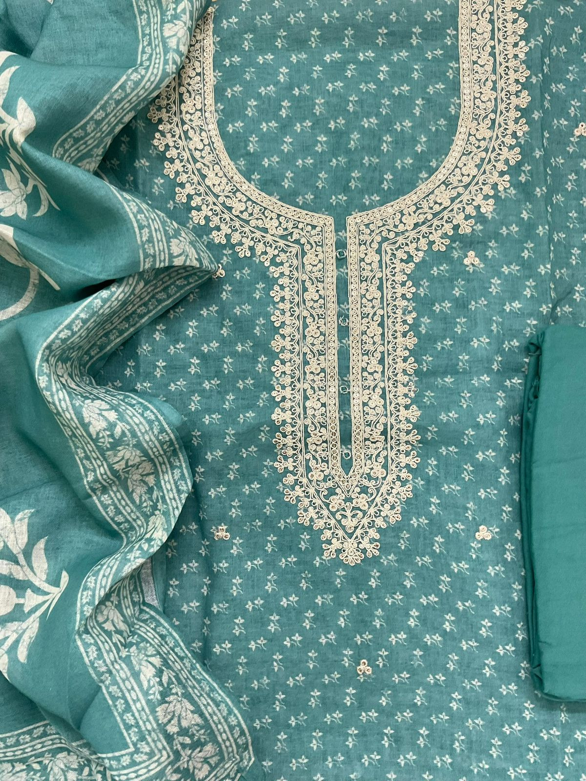Soft Linen Jute Cotton Printed Embroidered Suit - Blue