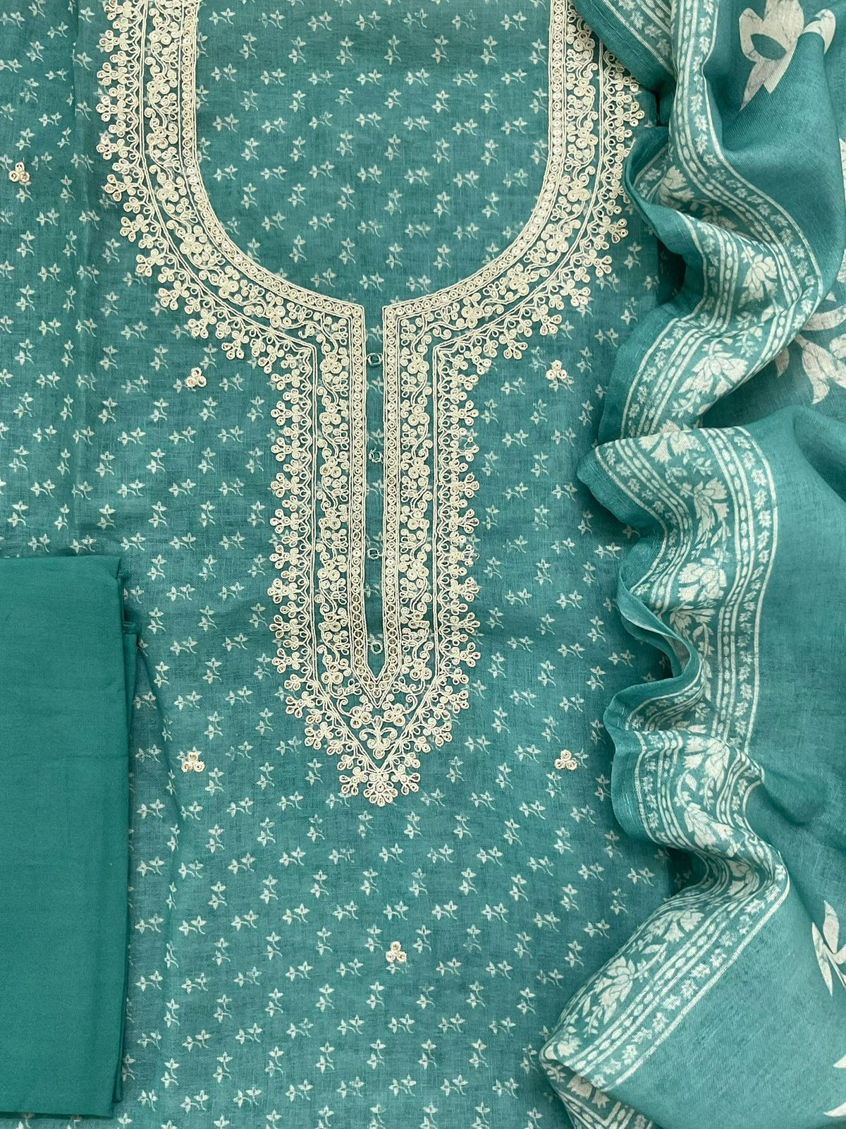 Soft Linen Jute Cotton Printed Embroidered Suit - Blue