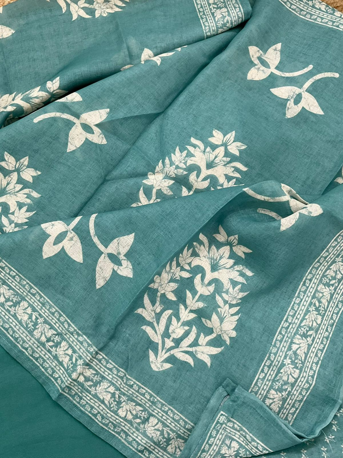 Soft Linen Jute Cotton Printed Embroidered Suit - Blue