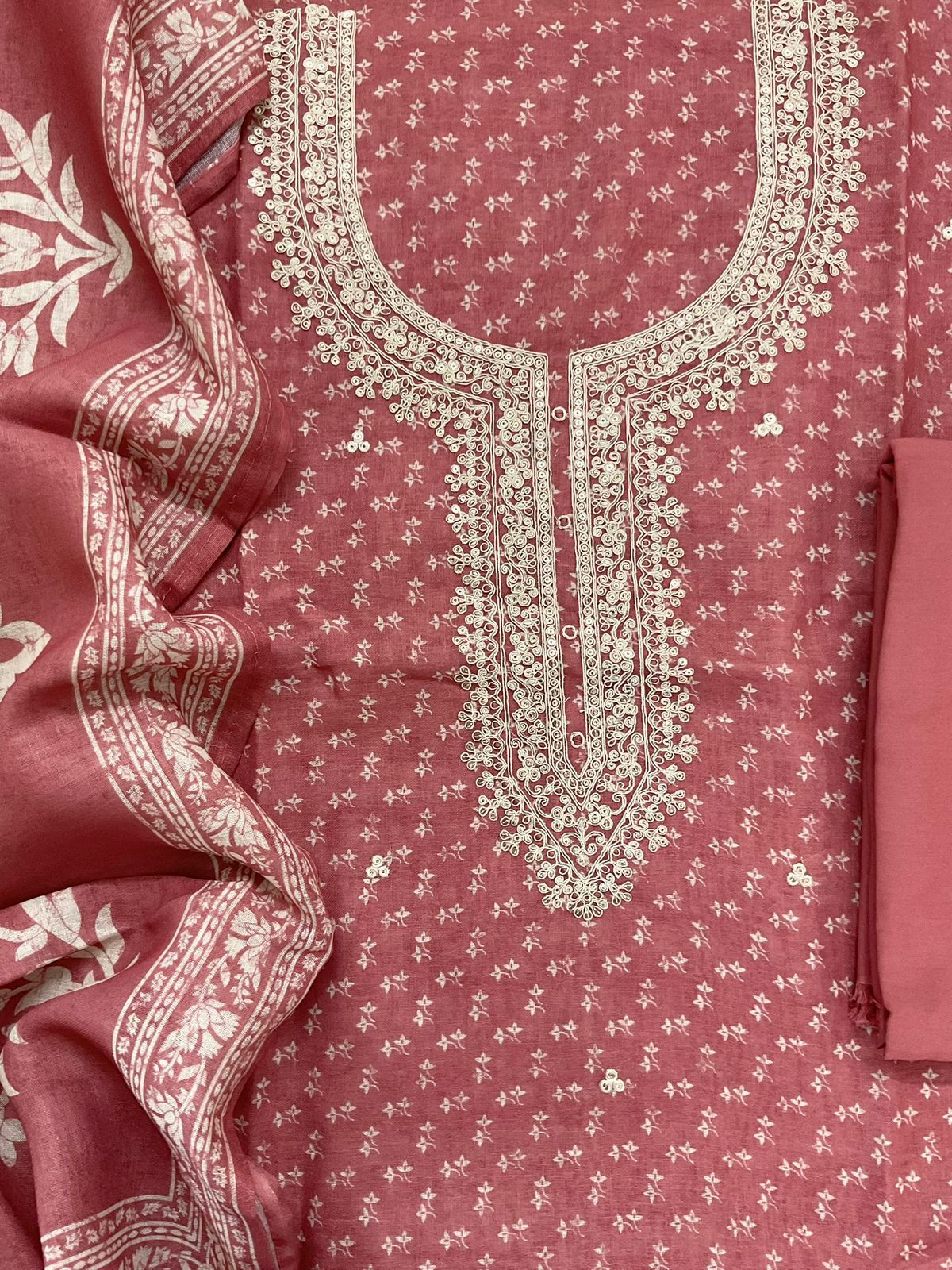 Soft Linen Jute Cotton Printed Embroidered Suit - Peach