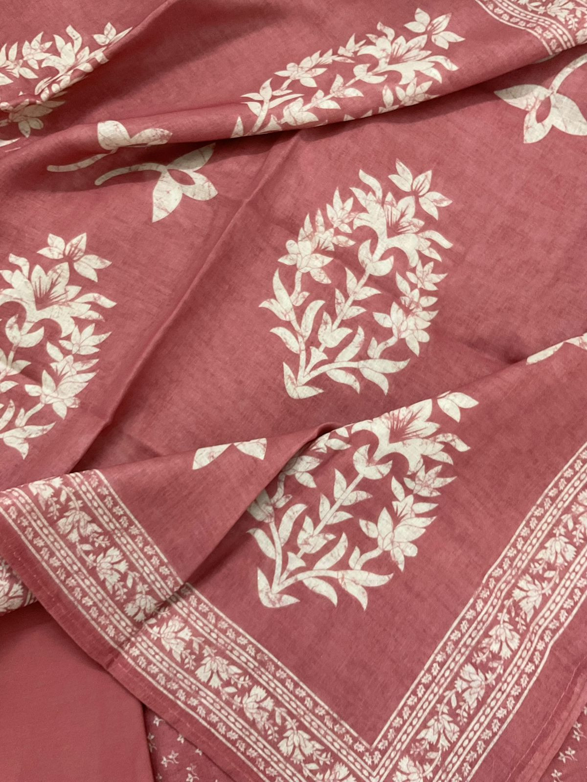 Soft Linen Jute Cotton Printed Embroidered Suit - Peach