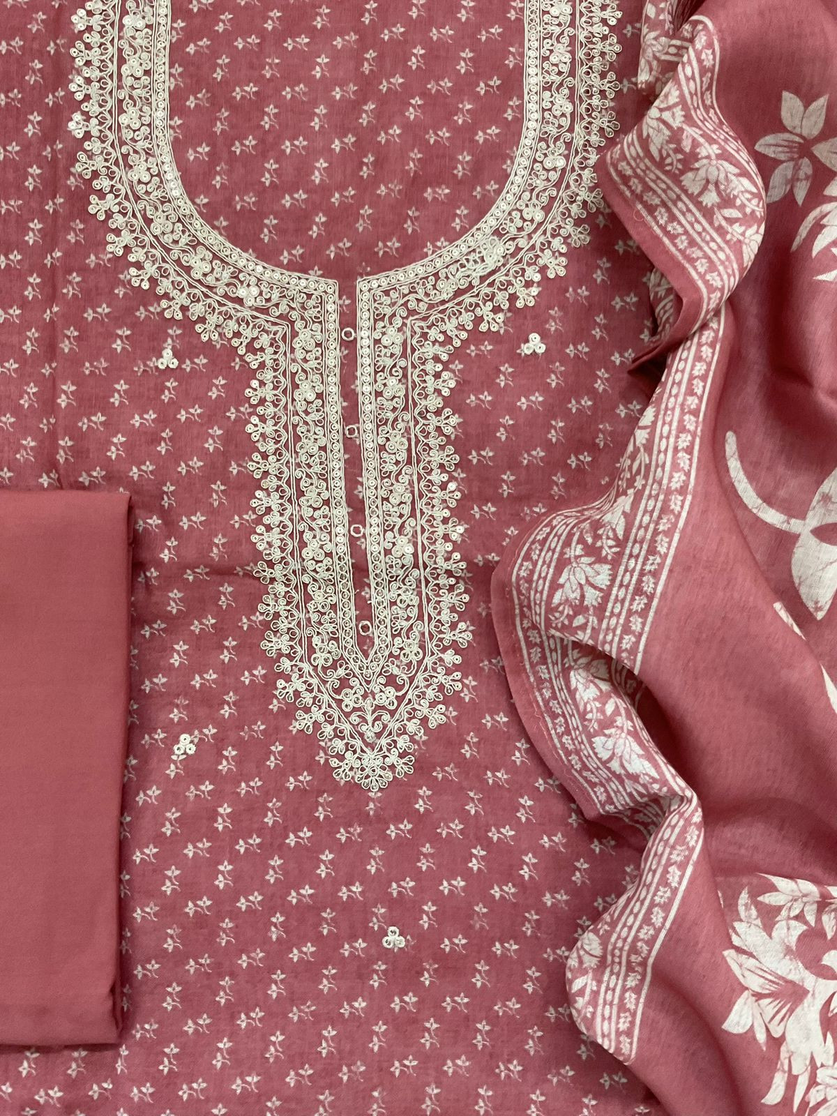 Soft Linen Jute Cotton Printed Embroidered Suit - Peach