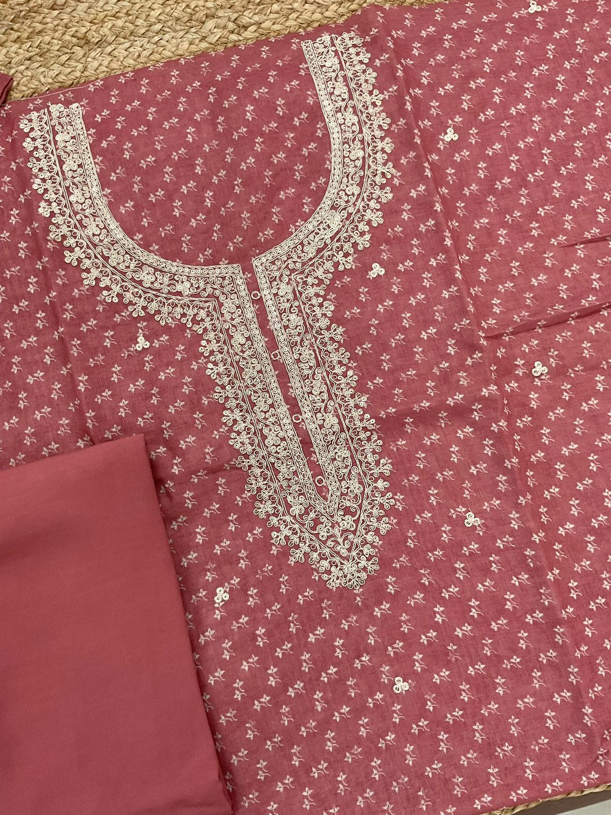 Soft Linen Jute Cotton Printed Embroidered Suit - Peach