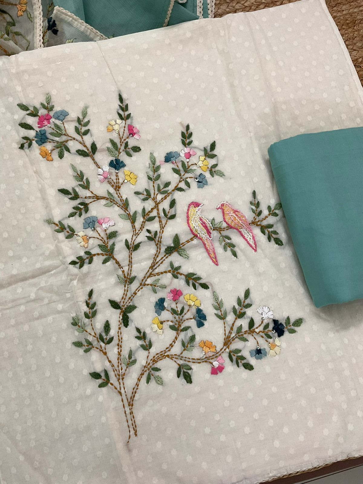 Pure Cotton Self Weaved Embroidered Suit - Off White