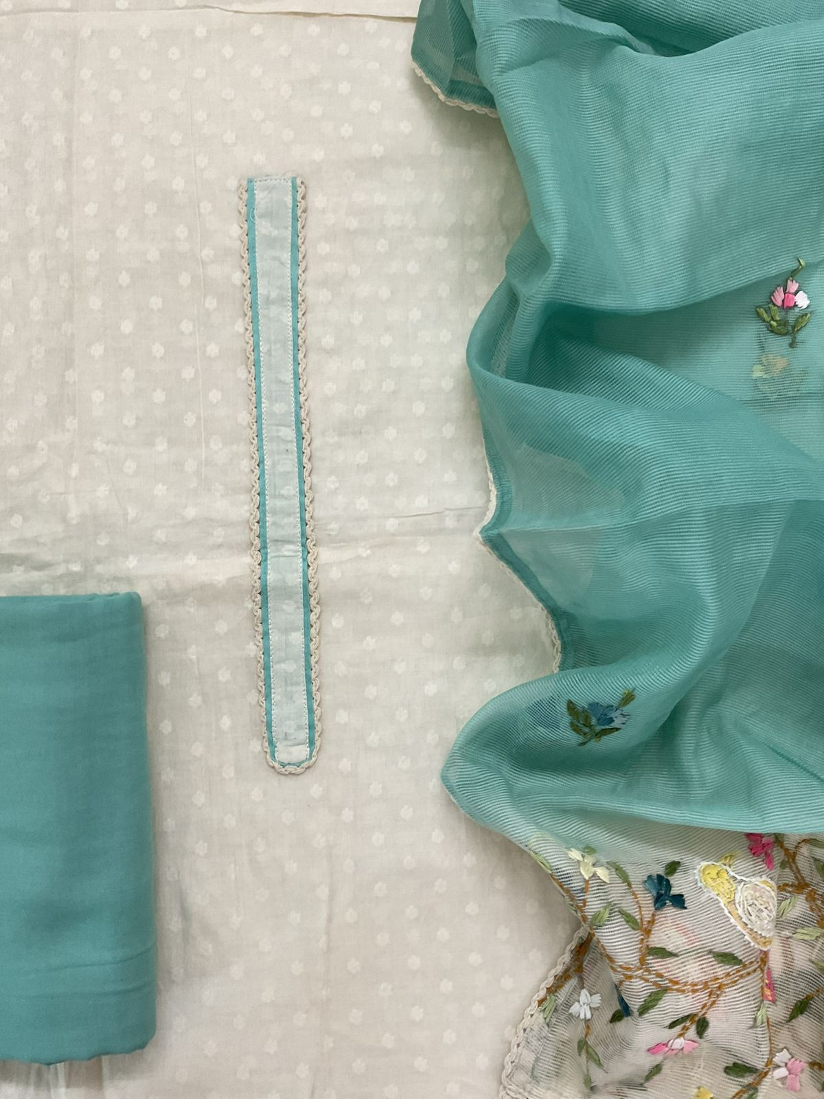 Pure Cotton Self Weaved Embroidered Suit - Off White