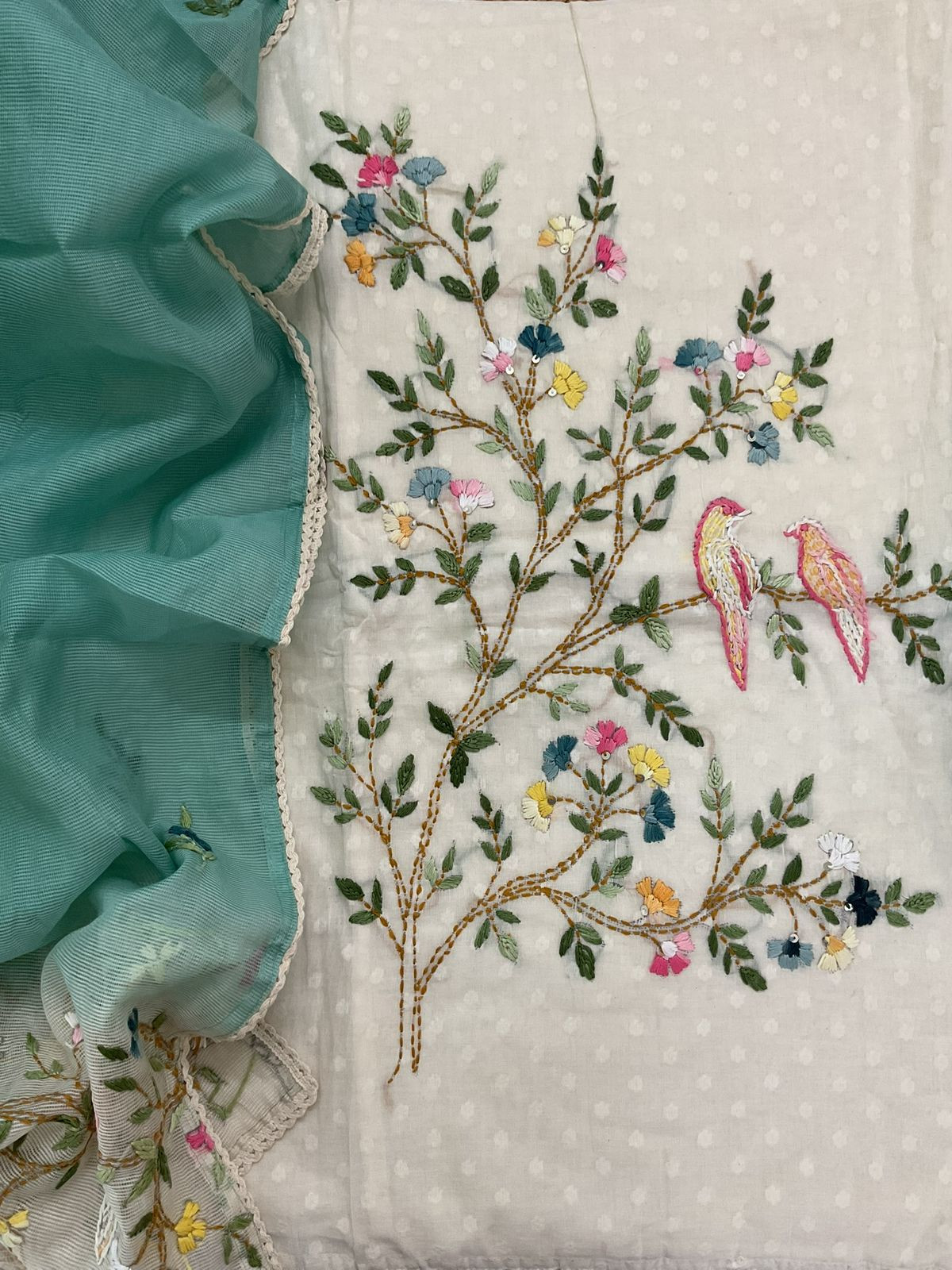 Pure Cotton Self Weaved Embroidered Suit - Off White