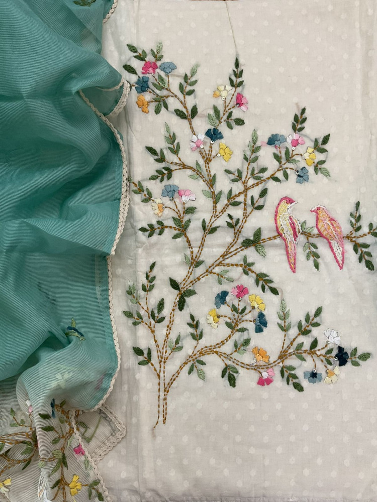 Image of Pure Cotton Self Weaved Embroidered Suit - Off White