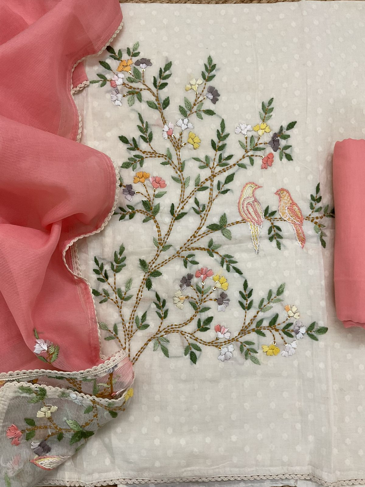 Pure Cotton Self Weaved Embroidered Suit - Off White