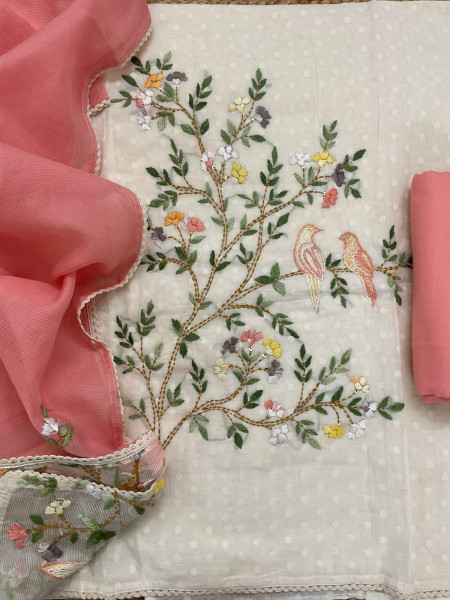 Image of Pure Cotton Self Weaved Embroidered Suit - Off White