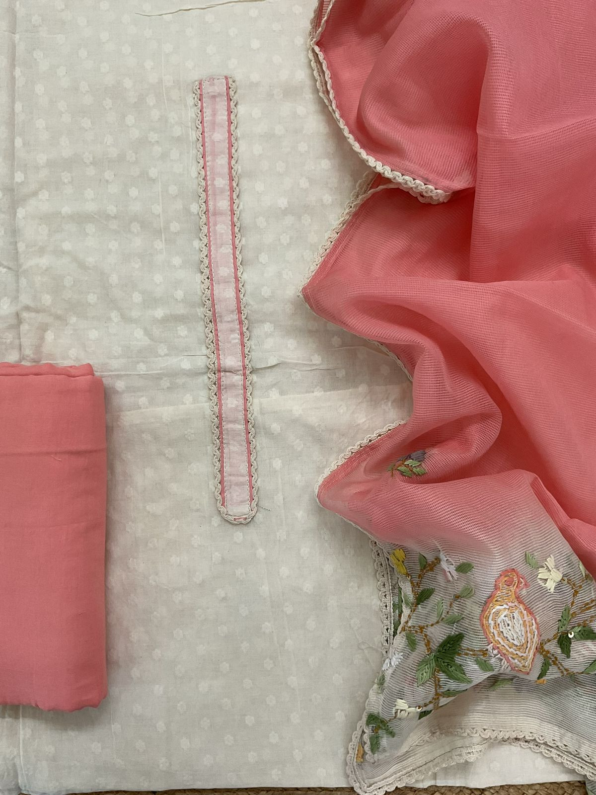 Pure Cotton Self Weaved Embroidered Suit - Off White