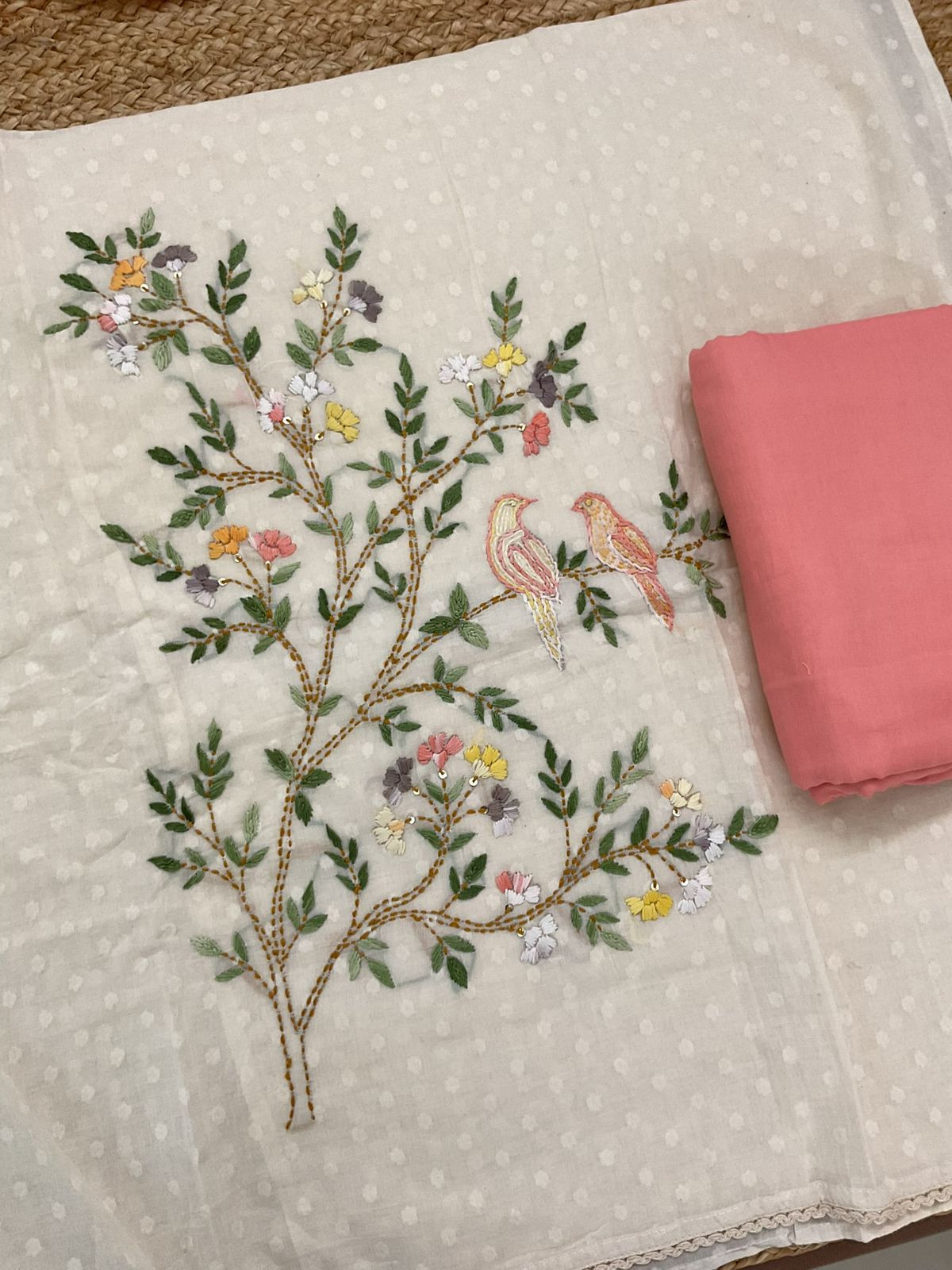 Pure Cotton Self Weaved Embroidered Suit - Off White