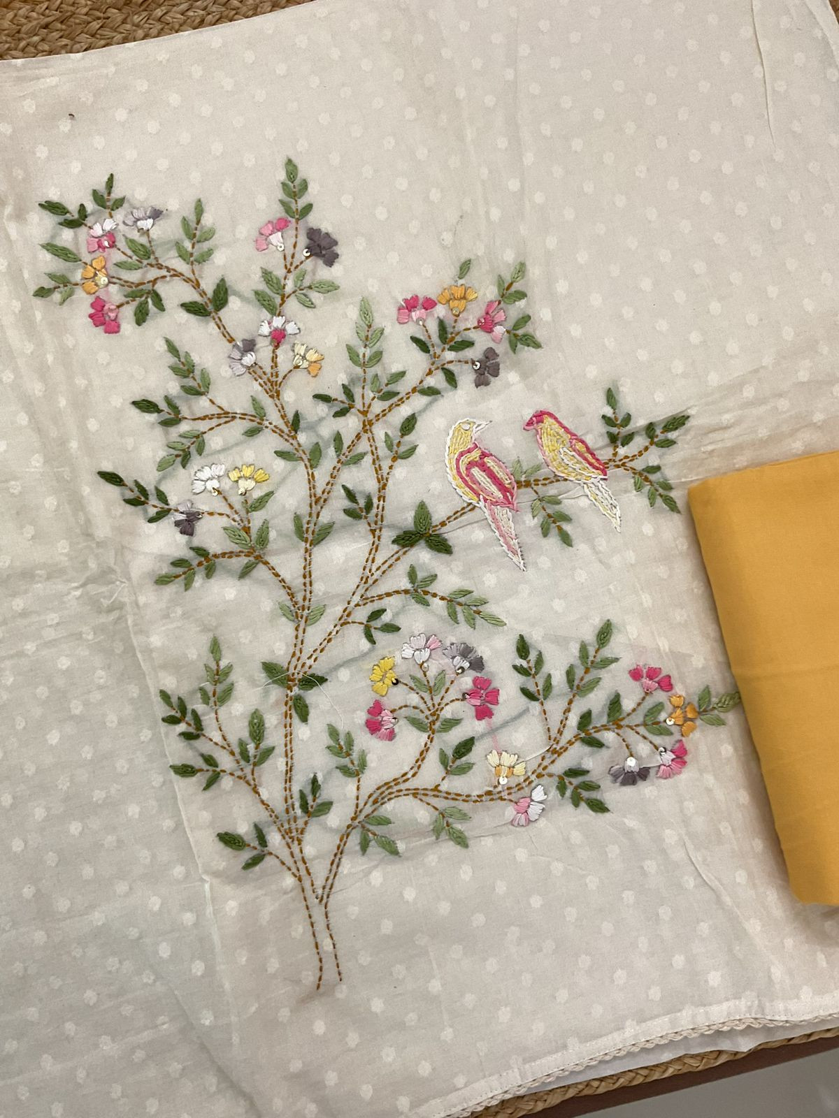 Pure Cotton Self Weaved Embroidered Suit - Off White