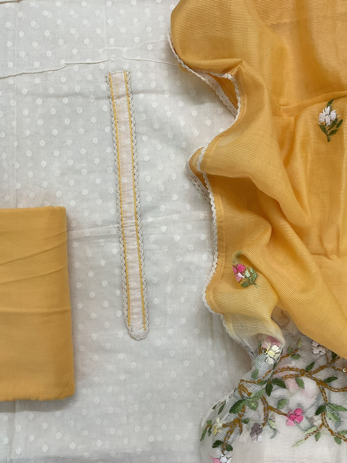 Pure Cotton Self Weaved Embroidered Suit - Off White