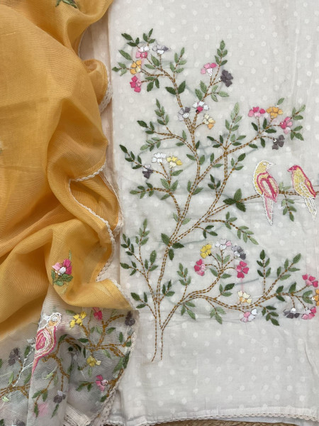 Image of Pure Cotton Self Weaved Embroidered Suit - Off White