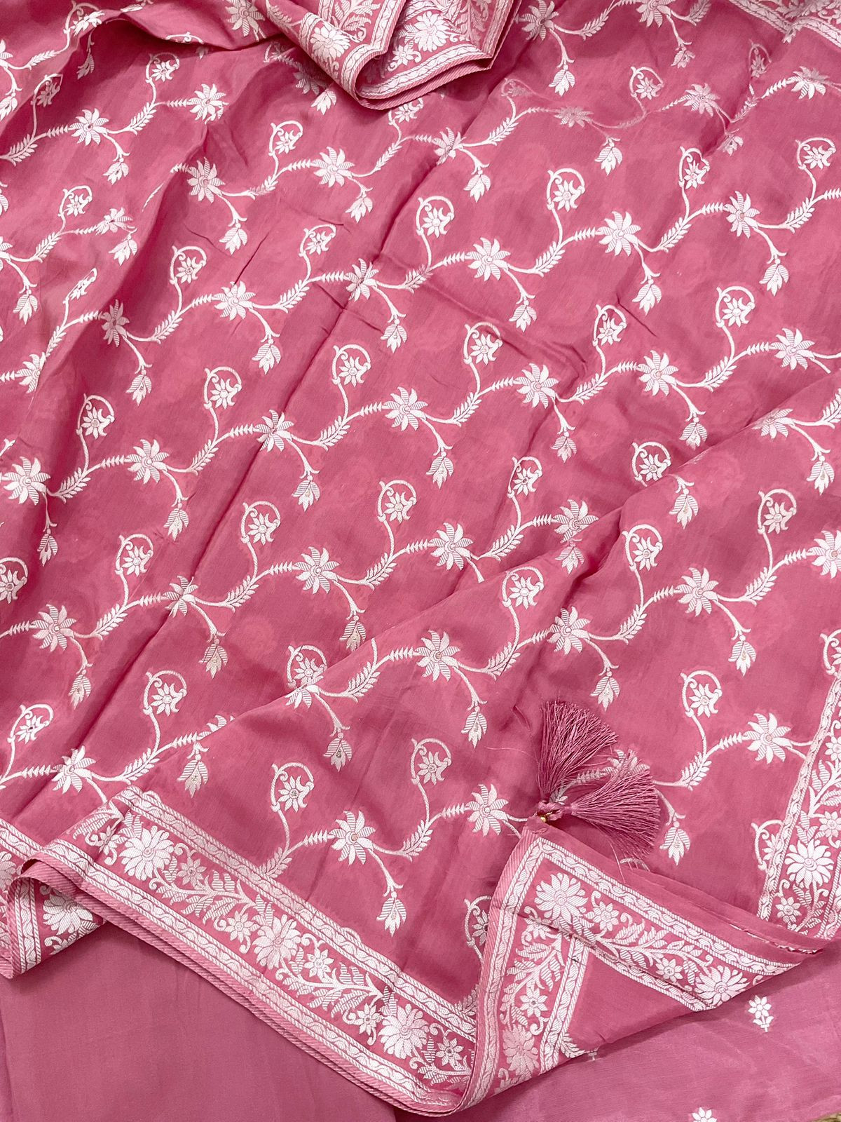Pure Muslin Silk Banarasi Weaved Suit - Pink