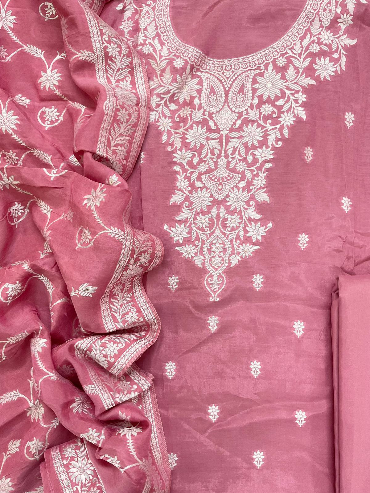 Pure Muslin Silk Banarasi Weaved Suit - Pink